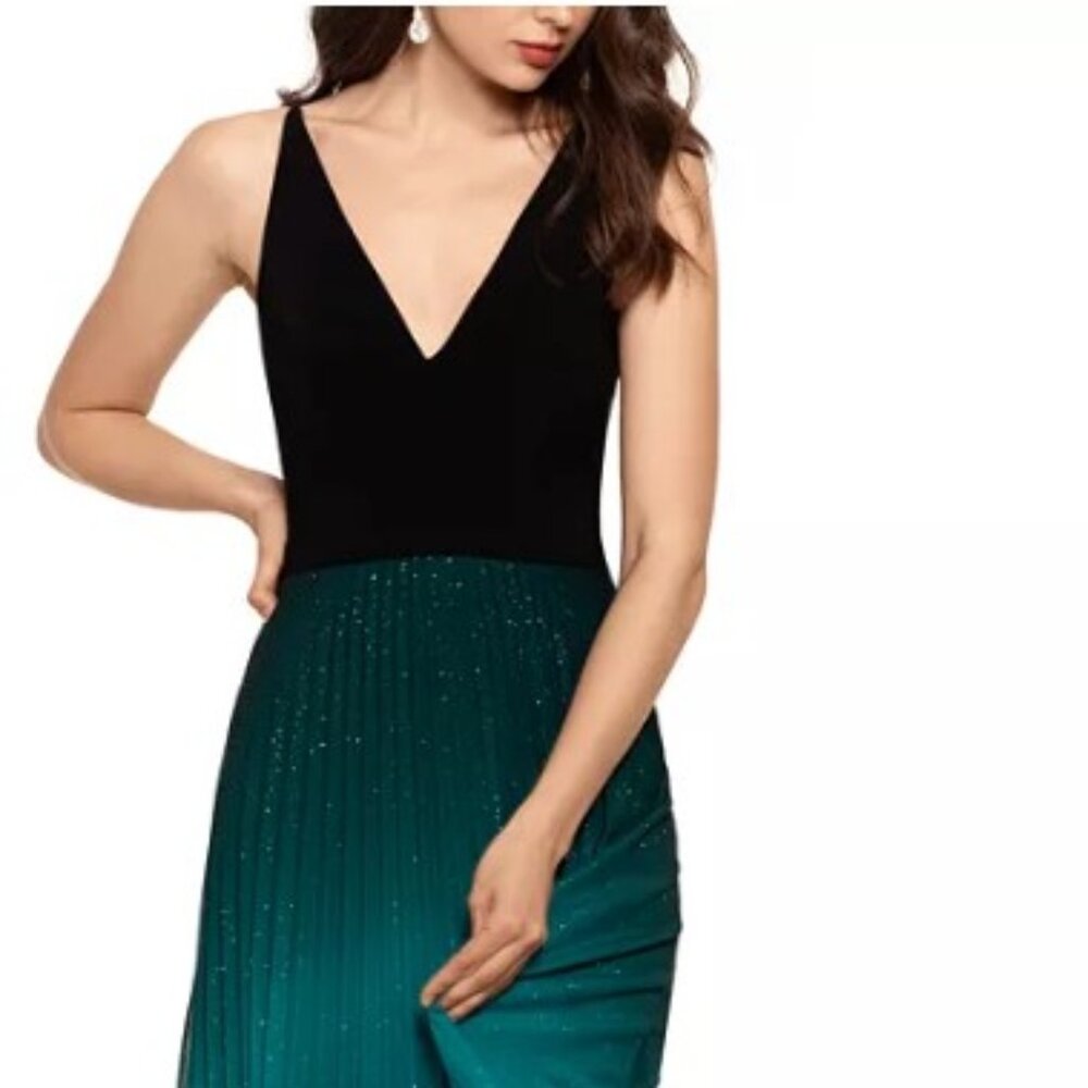 Betsy & Adam Pleated Glitter-Skirt Gown